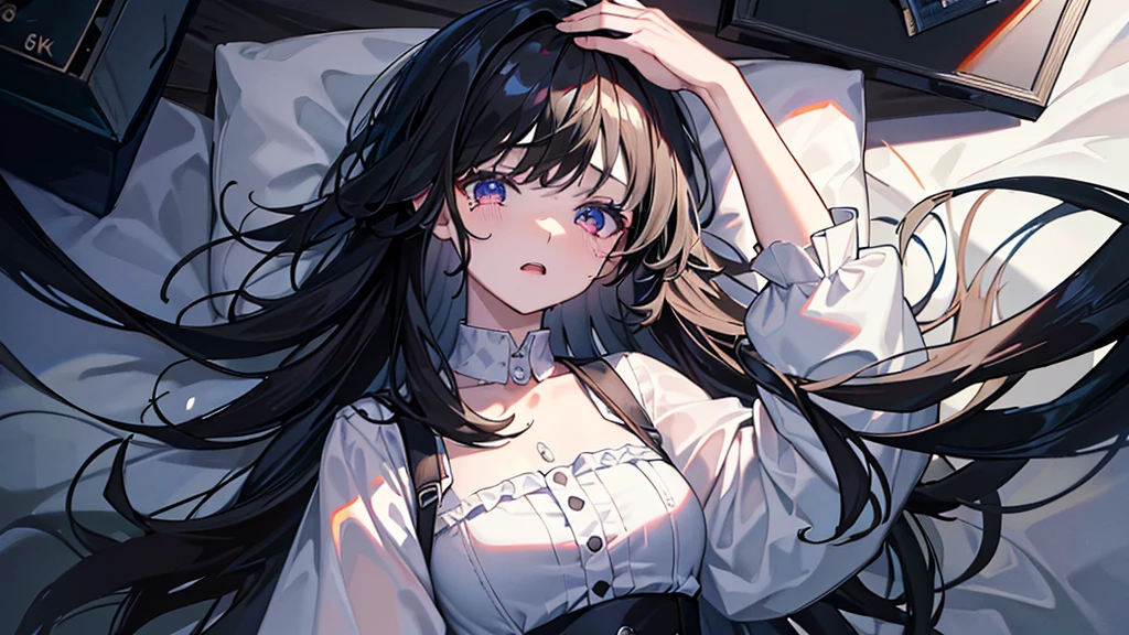 ((Highest quality、8k、masterpiece:1.3))、Dark Room、One Woman、Black Hair、Holding his head and crying