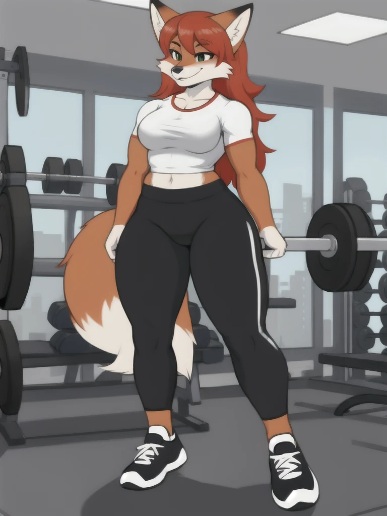 Furry, fox, female, white shirt, black leggings, shoes, gym, teen, full body