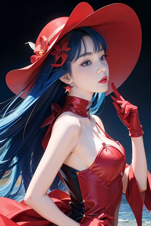tsuruta ichiro, Narrow-eyed, 1girl in, Allback、Solo, Cowgirl, hat, red headwear、Red dress, ((mideum breasts)), (Super long hair:1.2), Thin slit eyes、blue grey eyes, Random colored hair, gloves, Dress, Jewelry, Upper body, earrings, sharp eye、Red Glove, elbow groves, Hand up, random color, random color dress, From Side, makeup, Slender eyes、lip stick, Complex petal pattern, Rim Light, Back Light, pastel color,