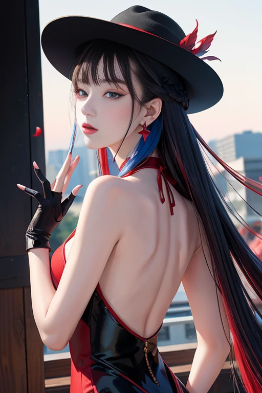 tsuruta ichiro, Narrow-eyed, 1girl in, Allback、Solo, Cowgirl, hat, red headwear、Red dress, ((mideum breasts)), (Super long hair:1.2), Thin slit eyes、blue grey eyes, Random colored hair, gloves, Dress, Jewelry, Upper body, earrings, sharp eye、Red Glove, elbow groves, Hand up, random color, random color dress, From Side, makeup, Slender eyes、lip stick, Complex petal pattern, Rim Light, Back Light, pastel color,