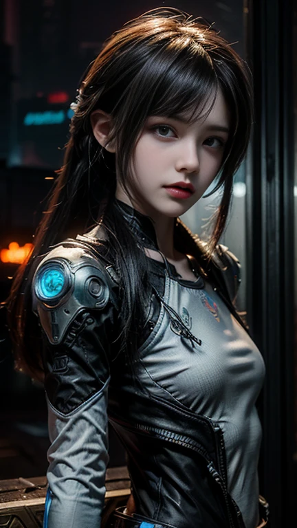 masterpiece,Highest quality,High resolution,8k,(R Original photo),Digital photography,(Cyberpunk meets fantasy),(personal),Female Soldier,Hairstyle is free,Cyberpunk City，With bangs, accessories,shut up,Elegant and attractive,serious and arrogant,calm and handsome,(Cyberpunk and fantasy style clothing combination）,Hollow-out carving design,Small breasts,Pose facing forward for photo,Realistic Style,oc rendering reflection texture，，Future City，Medium-range shooting,Whole body