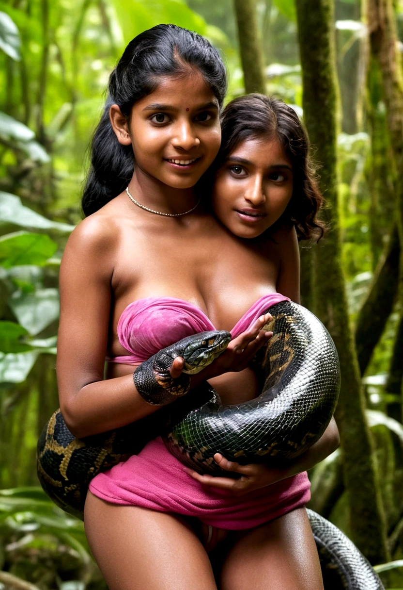 Topless pink thong wearing aroused horny beautiful happy young Indian girl vs Giant black anaconda monster wrapped around her body squeezing her in coiled embrace cuddling and kissing sexual erotic bestiality sex realistic in the rainforest full body, best quality wet