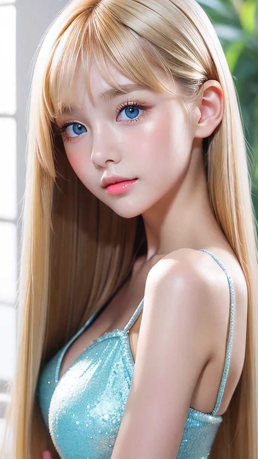 ((Glossy blonde hair and dazzling glossy hair))、A lovely little beautiful face of 、Bright expression、ponytail、A cute face that suits you、Long, lustrous bangs dancing in front of her pretty face between her eyes、bangs that hide the face、(Very beautiful super long straight silky hair),Sexy cute young woman、Very big eyes、Sparkling, light, pale blue eyes、Small Face Beauty、Round face、White skin、Glowing Skin、Cheek gloss、Gloss Face、Young face、Lolita Face、