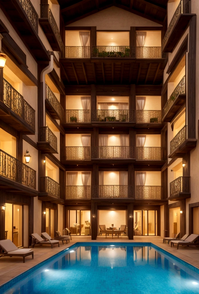 Un hotel con casas ubicado debajo del mar con paneles solares en un estilo realista