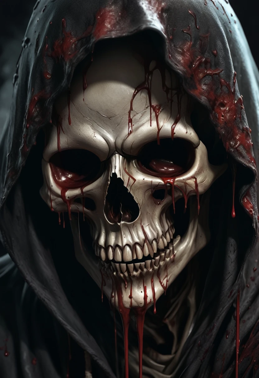 A detailed close up dark grim reaper hooded skull with ((decaying fading effect)) dull color , ((blood dripping)) with tormented in agony expression. Using expressionism art with ((high resolution , clear clarification with detailed refine image))