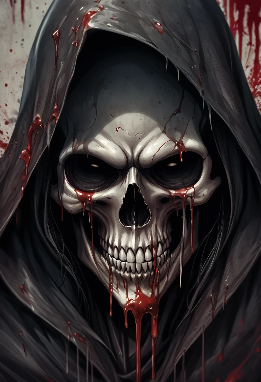 A detailed close up dark grim reaper hooded skull with ((decaying fading effect)) dull color , ((blood dripping)) with tormented in agony expression. Using expressionism art with ((high resolution , clear clarification with detailed refine image))