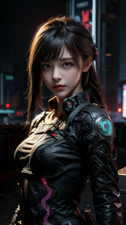 masterpiece,Highest quality,High resolution,8k,(R Original photo),Digital photography,(Cyberpunk meets fantasy),(personal),Female Soldier,Hairstyle is free,Cyberpunk City，With bangs, accessories,shut up,Elegant and attractive,serious and arrogant,calm and handsome,(Cyberpunk and fantasy style clothing combination）,Hollow-out carving design,Small breasts,Pose facing forward for photo,Realistic Style,oc rendering reflection texture，，Future City，Medium-range shooting,Whole body
