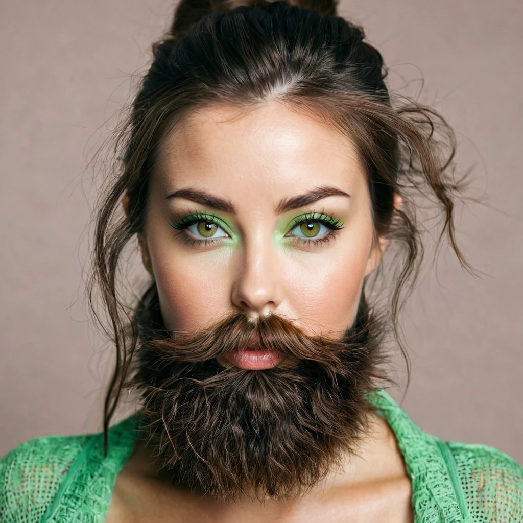 ultra sharp portrait, woman with huge shaggy beard on cheeks under eyes, tied up brown hair, light green eyes, big nose, half profile