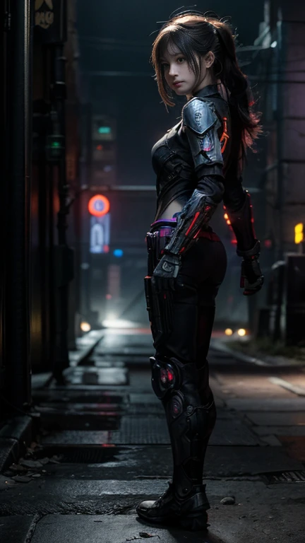 masterpiece,Highest quality,High resolution,8k,(R Original photo),Actual situation,Digital photography,(Cyberpunk meets fantasy),(personal),Female Soldier,Hairstyle is free,Cyberpunk City，With bangs, accessories,shut up,Elegant and attractive,serious and arrogant,calm and handsome,(Cyberpunk and fantasy style clothing combination）,Hollow-out carving design,Small breasts，composite armor,Pose facing forward for photo,Realistic Style,oc rendering reflection texture，，Future City，Medium-range shooting,Whole body,Facing forward