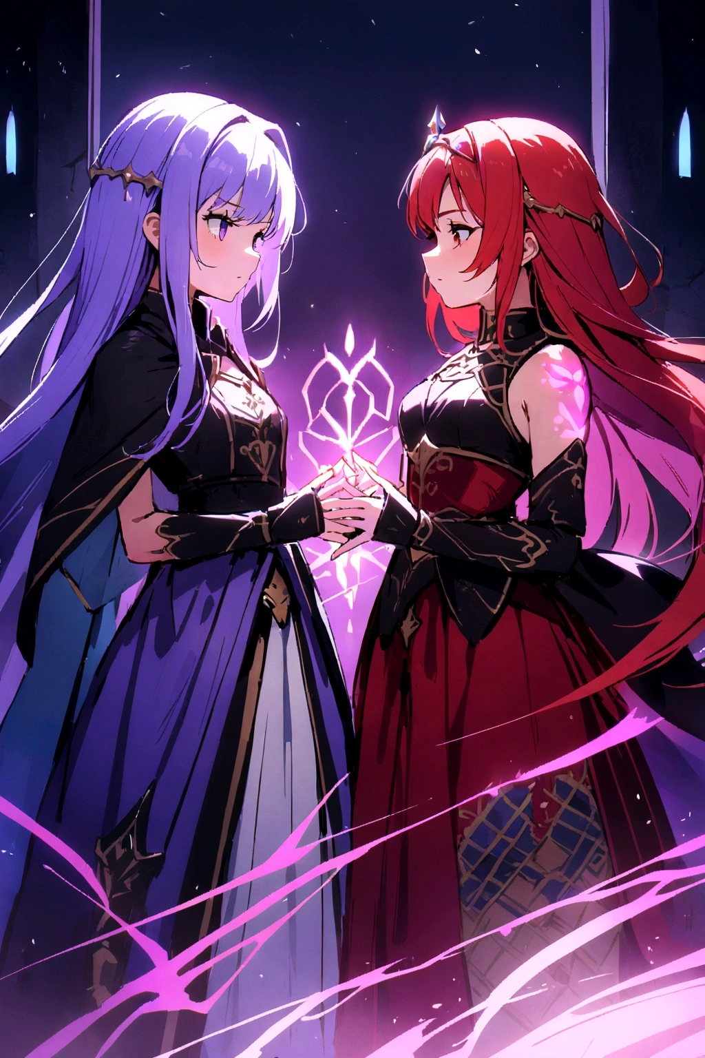 4K high resolution, twin sisters, (((Glowing Tattoos))), one sister with short purple hair and the other sister with long red hair, medieval princess knight dress with pants, circlet