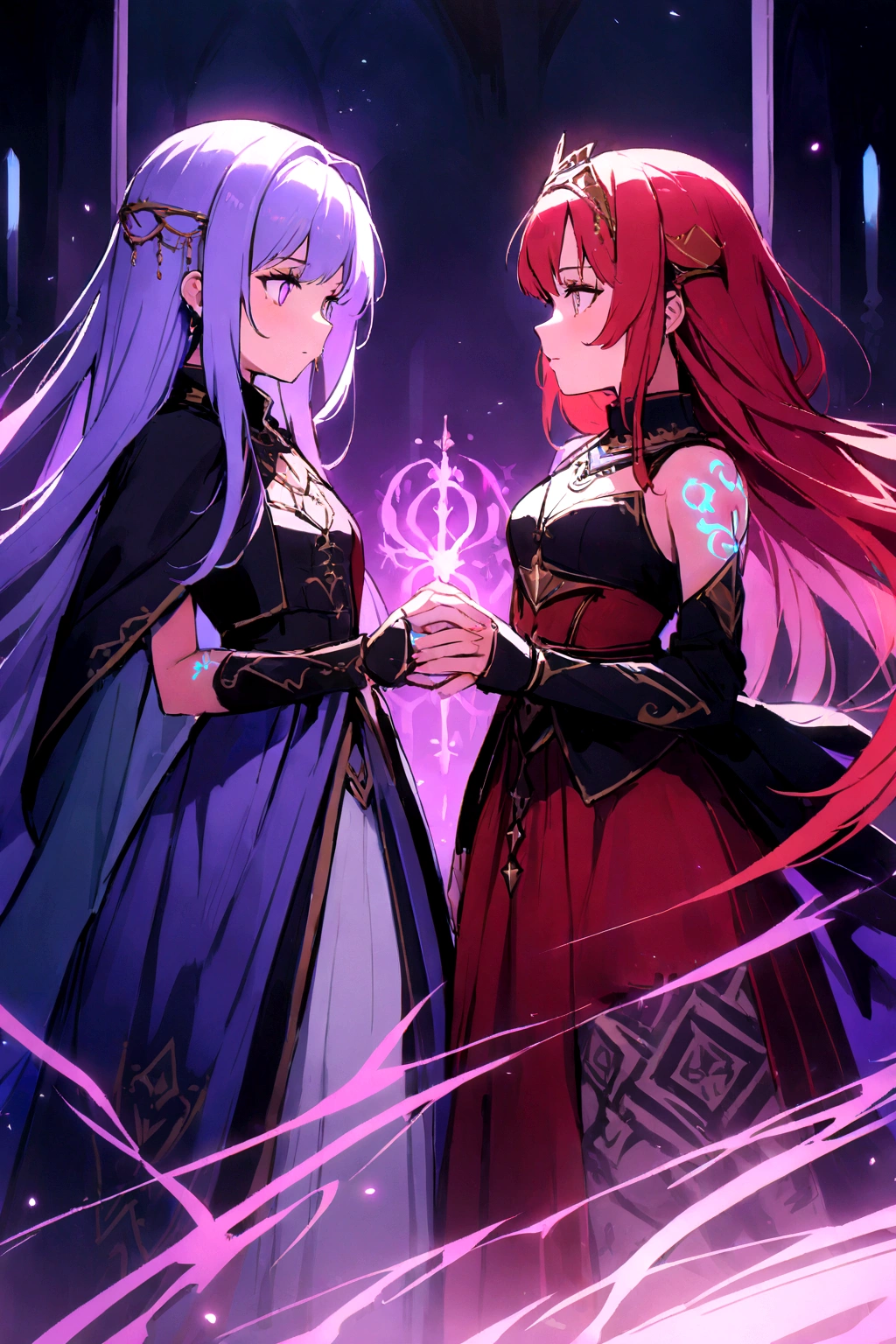 4K high resolution, twin sisters, (((Glowing Tattoos))), one sister with short purple hair and the other sister with long red hair, medieval princess knight dress with pants, circlet