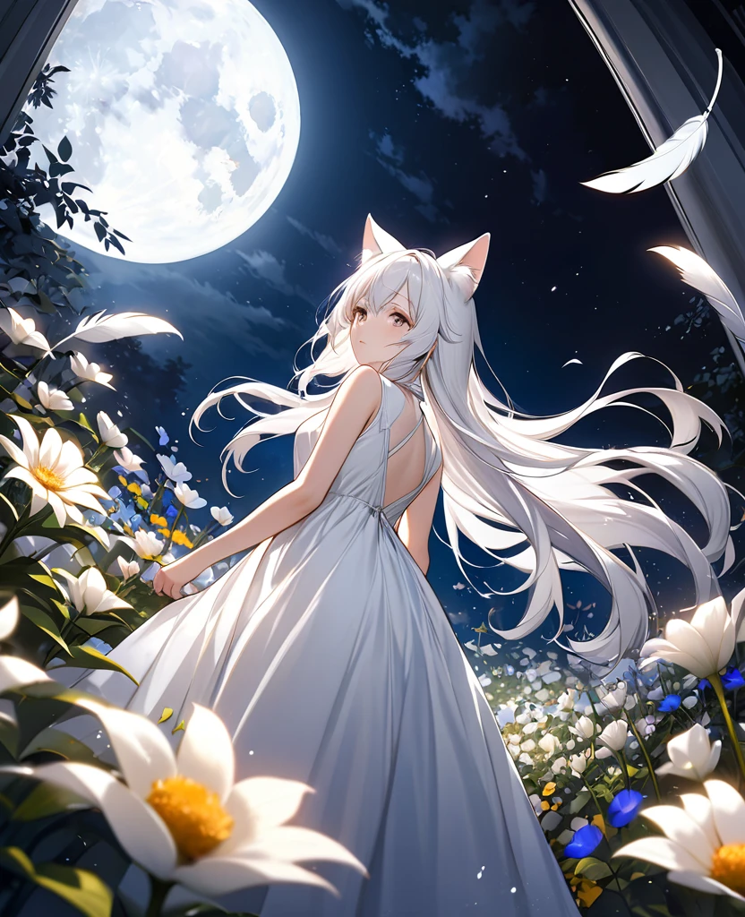 Attractive long white hair, Detailed and precise manual work, Attractive girl, White cat ears, It has a large white feather on its back., A subject that stands out against the dark night sky,In the center of the flower garden, White dress, Dramatic moonlight that makes your subject stand out, Dynamic shot from below,