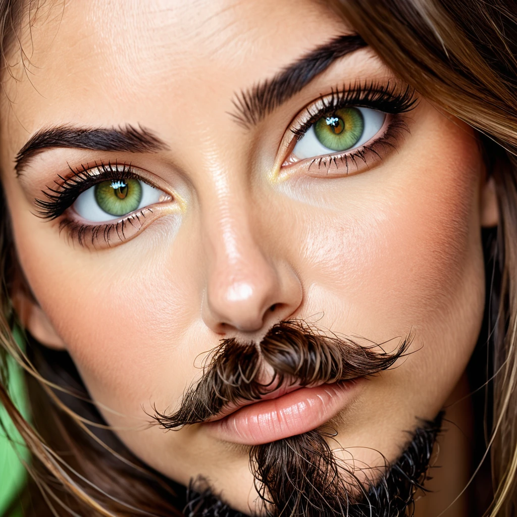 ultra sharp portrait, woman with huge shaggy beard on cheeks under eyes, tied up brown hair, light green eyes, big nose, half profile