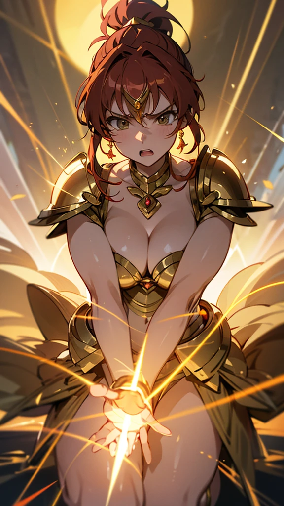 Saint Seiya, Gold Armor, 4K image, rallies, best quality, masterpiece, movie lighting ,Sexy,Large Breasts,Cleavage,action,In battle,cleavage,anger,noble,Light beams from hands,Golden lightning all around,red hair,ponytail hairstyle,Leo