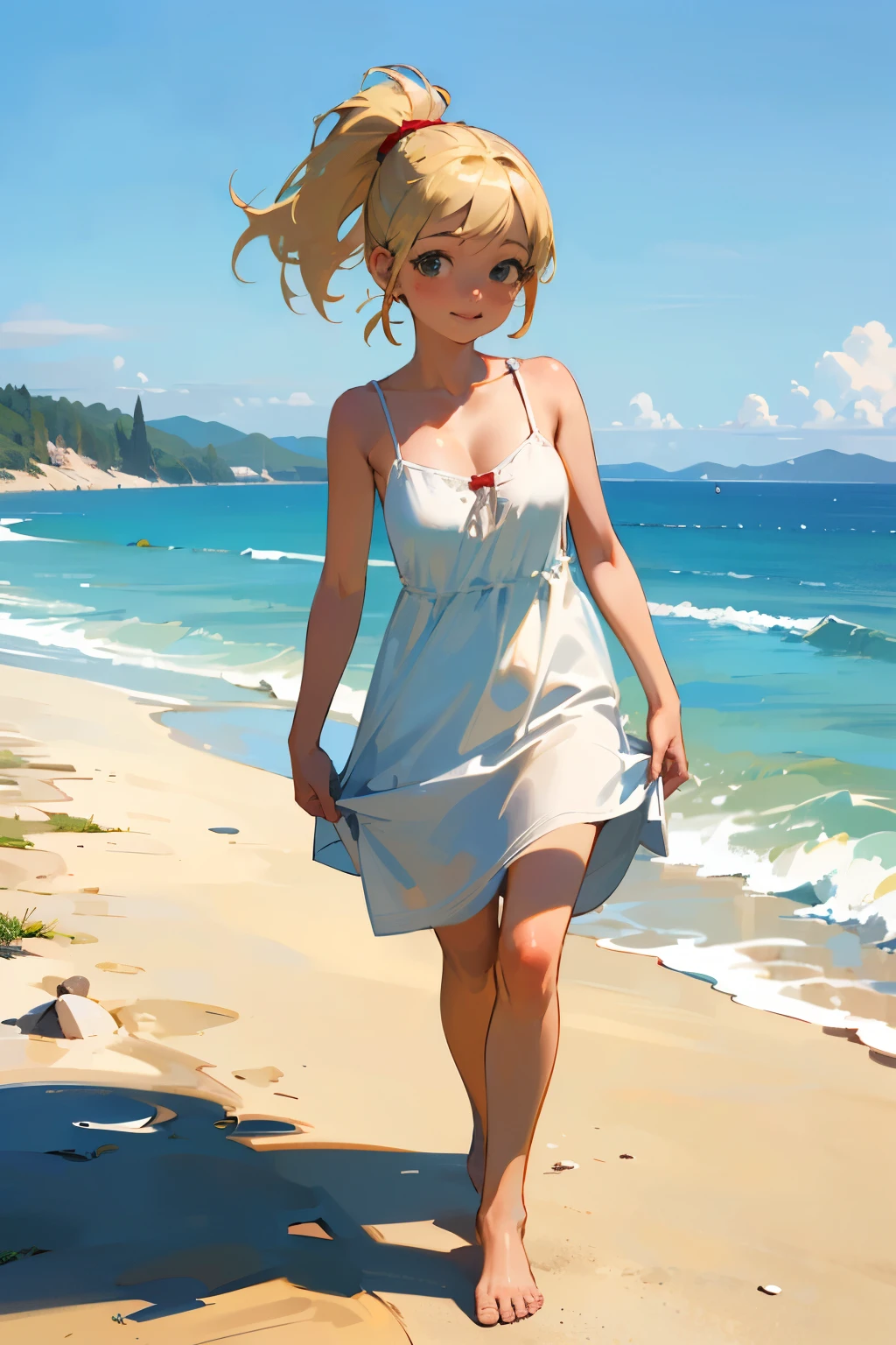(high quality, High resolution, Very detailed, reality:1.37), Peaceful atmosphere, (Sandy Beach), Teenage girl standing alone, (my breasts are big.), Beautiful details, Cute Smile, (Blonde Ponytail), White camisole dress, barefoot.