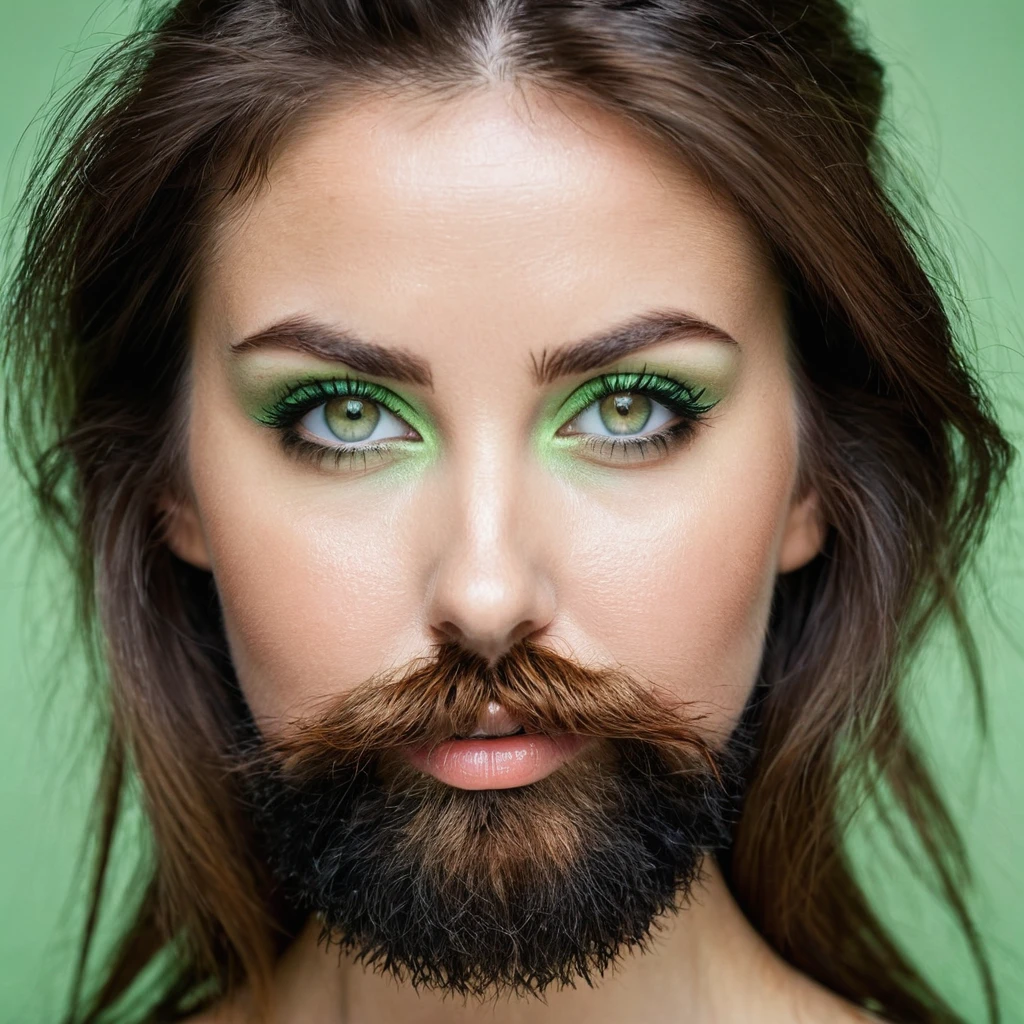 
ultra sharp portrait, woman with huge shaggy beard on cheeks under eyes, tied up brown hair, light green eyes, big nose, half profile