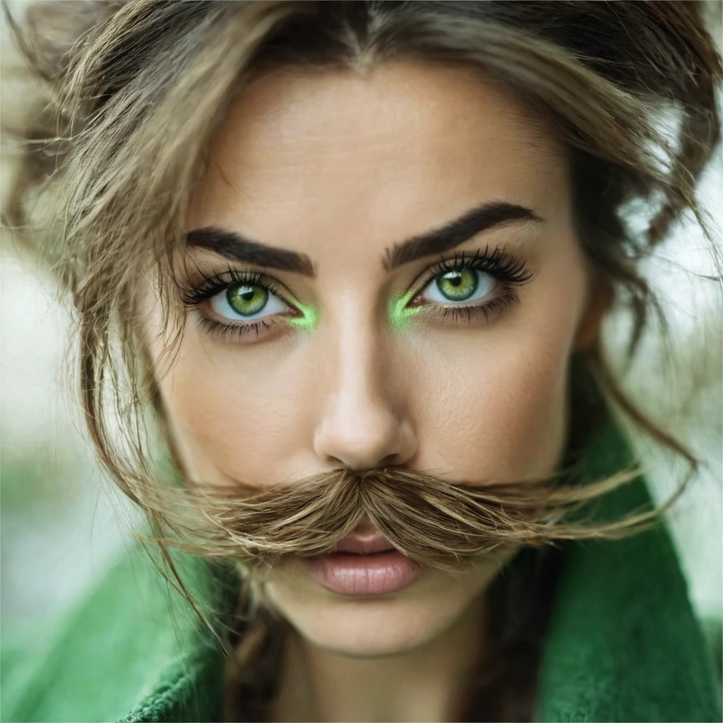 
ultra sharp portrait, woman with huge shaggy beard on cheeks under eyes, tied up brown hair, light green eyes, big nose, half profile
