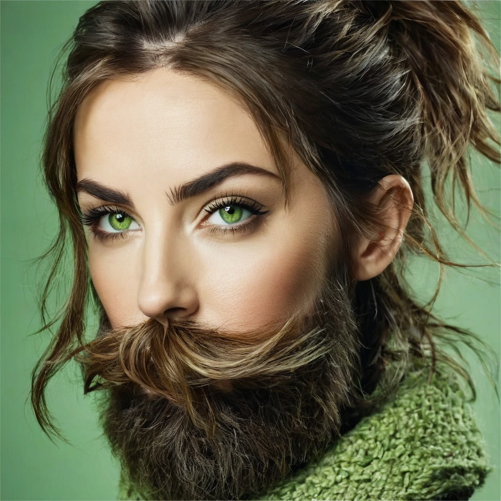 ultra sharp portrait, woman with huge shaggy beard on cheeks under eyes, tied up brown hair, light green eyes, big nose, half profile