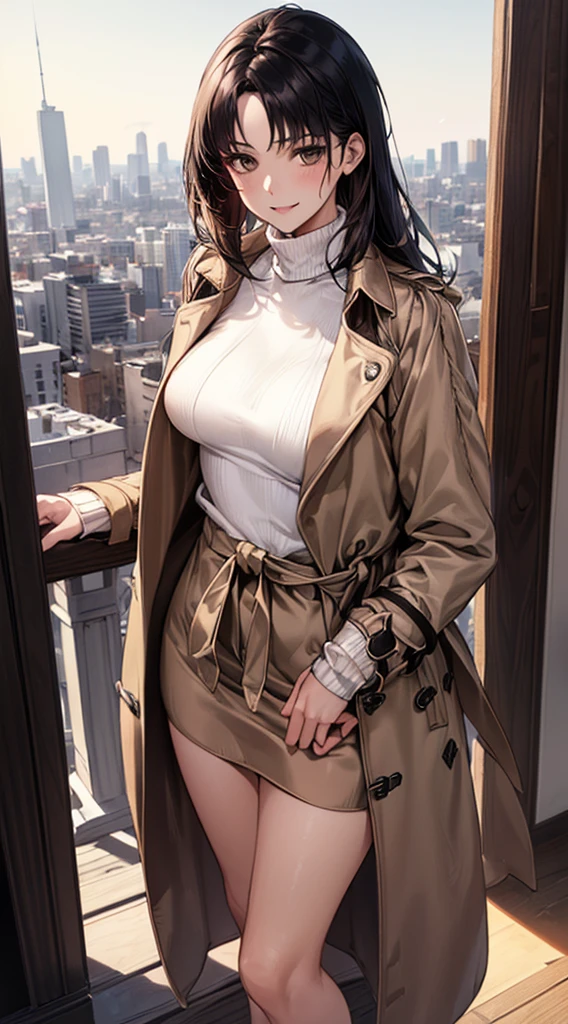 (8k, Highest quality, Masterpiece:1.2, Very detailed), (Realistic), Beautiful art, Visual Arts, Depth of written boundary, Cinema Lighting, ,
((Perfect Anatomy, Anatomically correct, Very detailed肌)), 1 Beauty Witch, Japanese, 30 years old, (Ultra-oily, lustrous skin with attention to detail:1.1), Take in the view, A soft smile、(Smile, Lips parted),
Beautiful Hair, Beautiful Face, Beautiful attention to detail, (Mid-length hair:1.4, Black Hair), Parted bangs, Baby Face,
Beautiful clavicle, Beautiful body, Beautiful breasts, (Large Breasts:0.8), Beautiful thighs, Beautiful feet,
(Open Court、Beige trench coat:1.4), ((White turtleneck sweater:1.4))、((Black long skirt 1.4))、
(Beautiful views), (night), (city, cityscape in the distance), Are standing、
