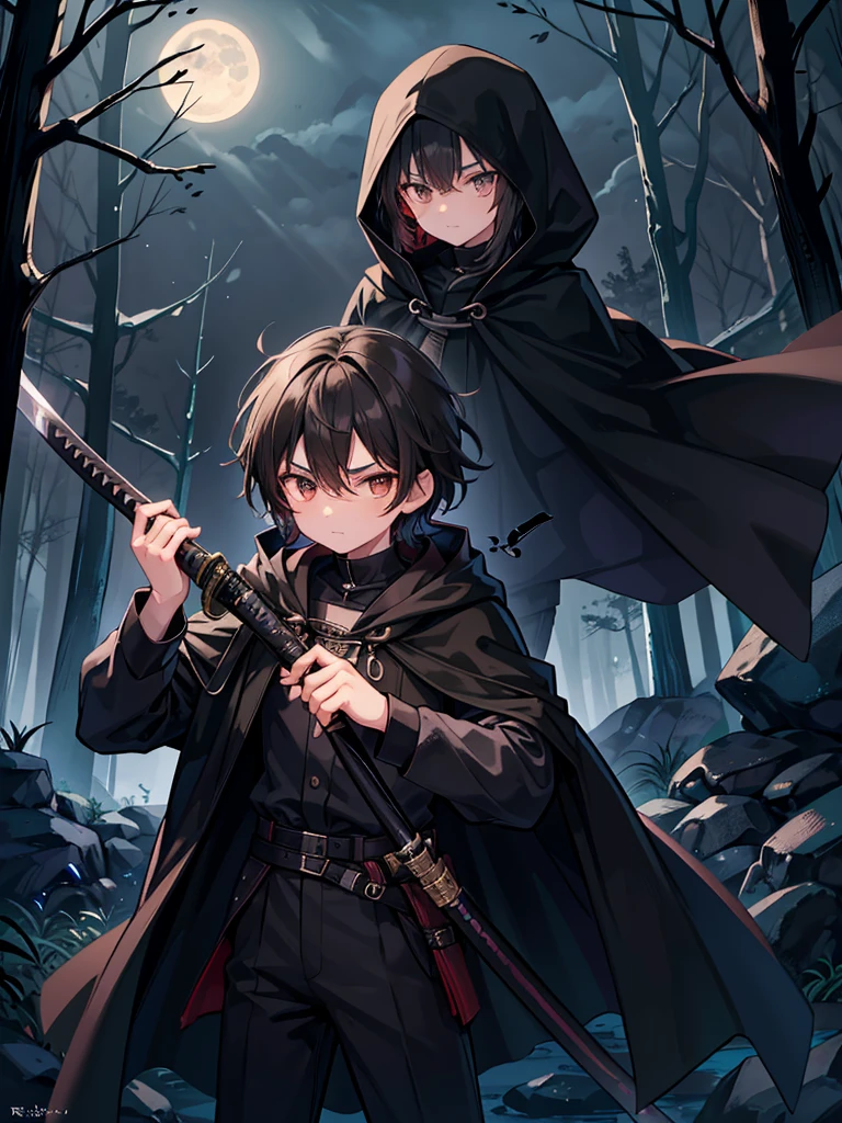 A -year-old. He  warm brown eyes. His hair is a pitch black. He sports a flowing black cloak and black hood. He wields a black katana. His stance is confident . His right eye has a scar across it. The moonlight brightens the dark forest around him. 