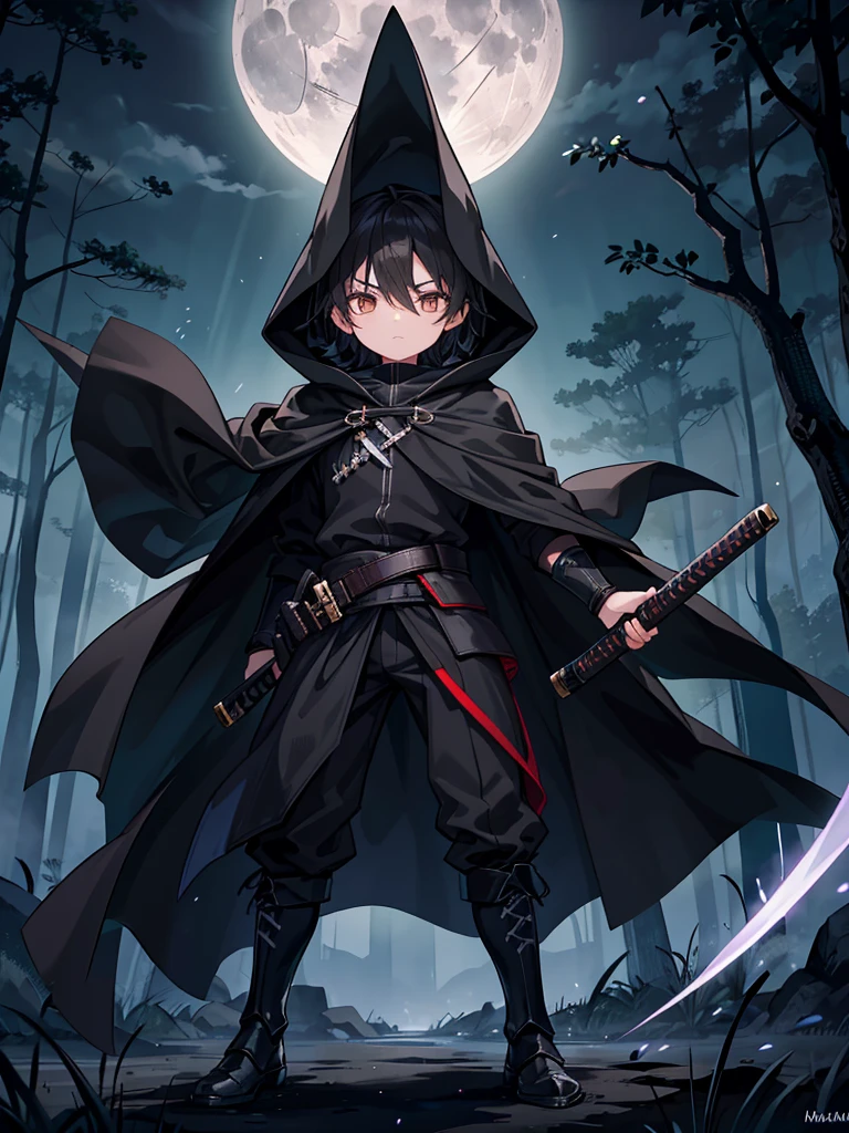 A young 10-year-old boy. He has warm brown eyes. His hair is a pitch black. He sports a flowing black cloak and black hood. He wields a black katana. His stance is confident . His right eye has a scar across it. The moonlight brightens the dark forest around him.