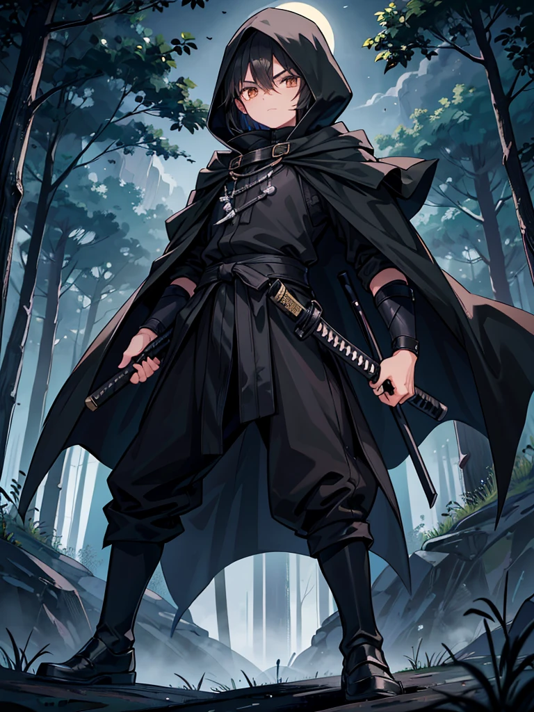 A young 10-year-old boy. He has warm brown eyes. His hair is a pitch black. He sports a flowing black cloak and black hood. He wields a black katana. His stance is confident . His right eye has a scar across it. The moonlight brightens the dark forest around him. 