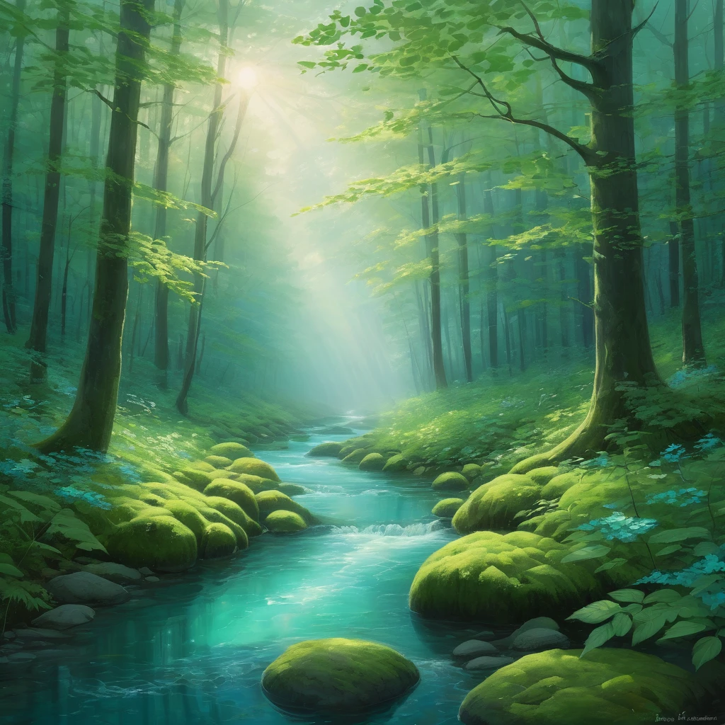 Create an incredibly stunning and unique image utilizing "Analogous Colors." Imagine a serene, mystical forest at dawn, where the colors blend seamlessly from one hue to the next. The primary color palette consists of shades of blue, green, and teal, creating a harmonious and tranquil atmosphere.

In the foreground, a crystal-clear stream winds its way through the forest, its waters reflecting the vibrant greens of the moss-covered rocks and the delicate blue of the morning sky. Along the stream, luminous plants and flowers glow softly, their colors ranging from deep emerald to light turquoise.

The trees in the forest have ethereal, flowing branches with leaves that transition smoothly from one analogous color to another, creating a canopy that feels both magical and serene. Rays of sunlight filter through the leaves, casting a gentle, dappled light on the forest floor, enhancing the sense of peace and wonder.

In the background, the forest fades into a misty blue, with hints of teal and green blending together to create depth and mystery. The overall composition is balanced and fluid, with each element contributing to the harmonious color scheme.

The entire image should evoke a sense of calm, beauty, and enchantment, capturing the delicate interplay of analogous colors in a fantastical and immersive natural setting.