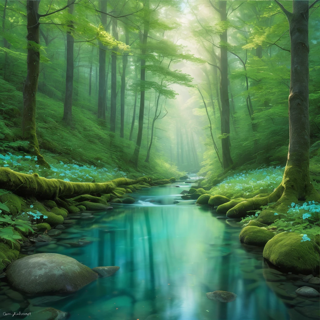 Create an incredibly stunning and unique image utilizing "Analogous Colors." Imagine a serene, mystical forest at dawn, where the colors blend seamlessly from one hue to the next. The primary color palette consists of shades of blue, green, and teal, creating a harmonious and tranquil atmosphere.
In the foreground, a crystal-clear stream winds its way through the forest, its waters reflecting the vibrant greens of the moss-covered rocks and the delicate blue of the morning sky. Along the stream, luminous plants and flowers glow softly, their colors ranging from deep emerald to light turquoise.
The trees in the forest have ethereal, flowing branches with leaves that transition smoothly from one analogous color to another, creating a canopy that feels both magical and serene. Rays of sunlight filter through the leaves, casting a gentle, dappled light on the forest floor, enhancing the sense of peace and wonder.
In the background, the forest fades into a misty blue, with hints of teal and green blending together to create depth and mystery. The overall composition is balanced and fluid, with each element contributing to the harmonious color scheme.
The entire image should evoke a sense of calm, beauty, and enchantment, capturing the delicate interplay of analogous colors in a fantastical and immersive natural setting.