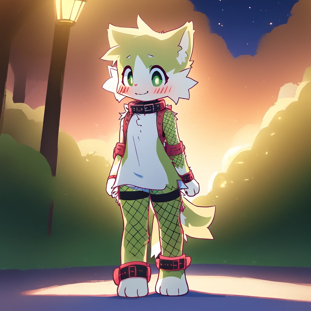 art by dagasi, (solo:1.5), Best Quality, Masterpiece, (Absurdres:), Detailed, Ultra-Detailed, Digital Art, correct anatomy, arms in correct position, full body, (high quality, high res, 4k:1.2), (kid:1.5), (small, youthful), rolo, furry, small, (kid female:1.3), fluffy, light orange fur, green cat eyes, (beautiful eyes), juicy thighs, flushed, embarrassed, small nervous smile, blushing, fluffy tail, eyelashes, slightly enjoying, naked, walking through the park, on a very dark night, wearing fishnet stockings, (fishnet sleeves:1.2), (red collar:1.2), (spiked collar:1.1)