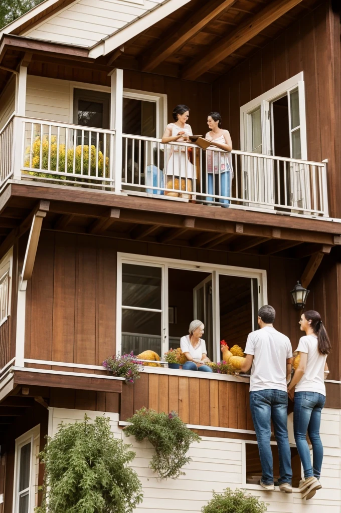 A couple watching their chickens from the balcony of their house