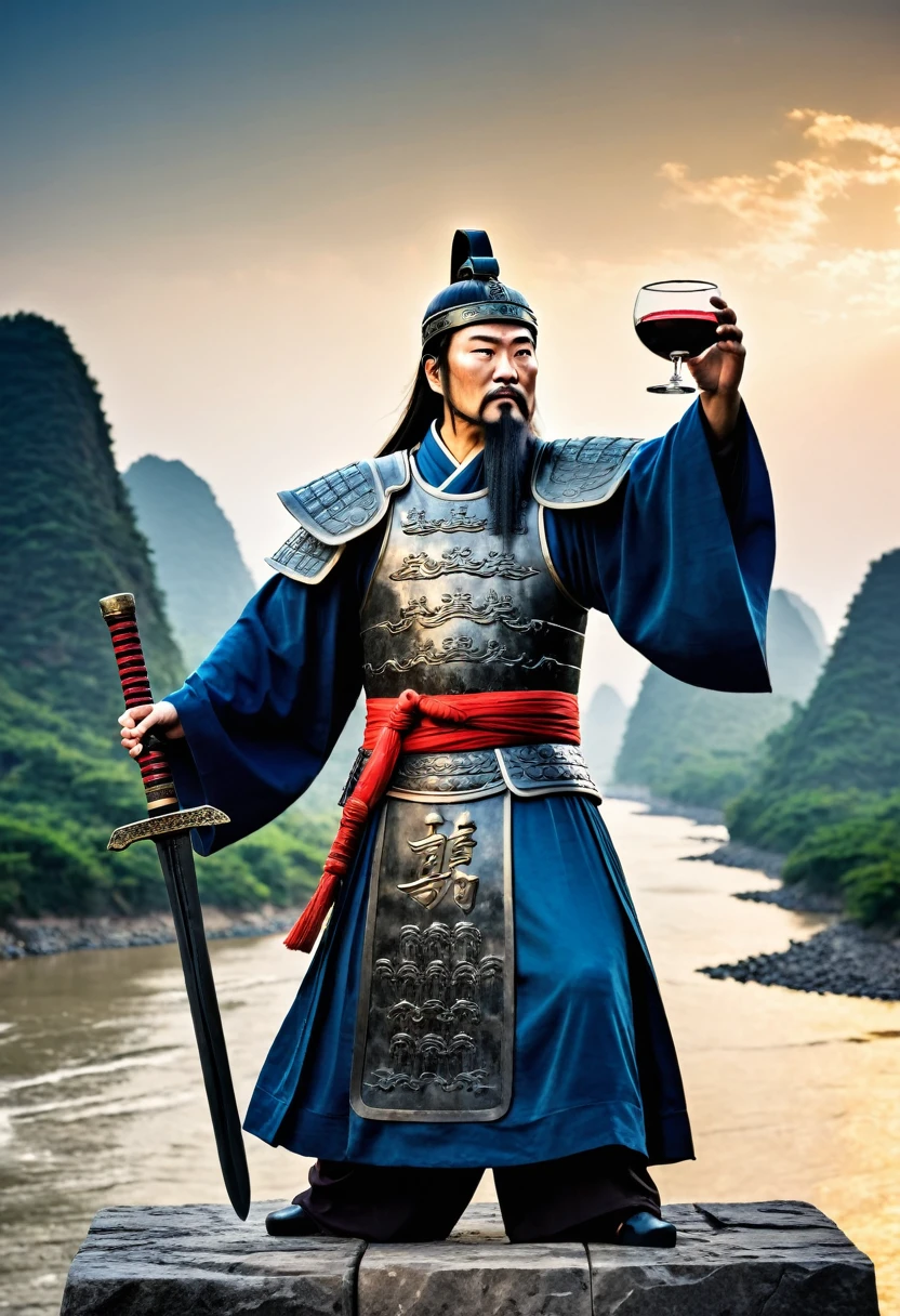 The ancient Chinese character Cao Cao in the Han Dynasty, with a background of vast rivers and seas, stood on a stone block, wearing a sword, with his face facing forward. In the far view, he held his left hand at a 45 degree angle upwards, holding a wine cup in his hand, exuding boundless passion. --ar 9:16 --style raw