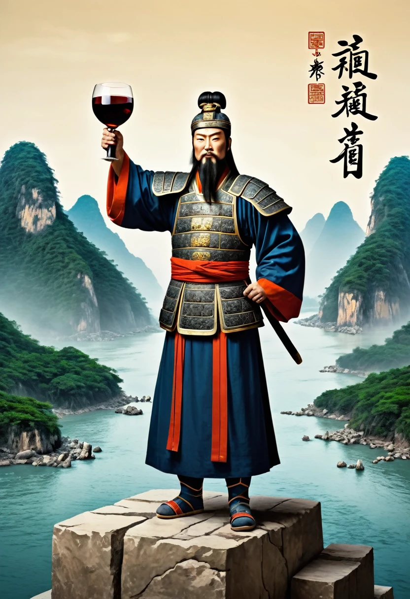 The ancient Chinese character Cao Cao in the Han Dynasty, with a background of vast rivers and seas, stood on a stone block, wearing a sword, with his face facing forward. In the far view, he held his left hand at a 45 degree angle upwards, holding a wine cup in his hand, exuding boundless passion. --ar 9:16 --style raw