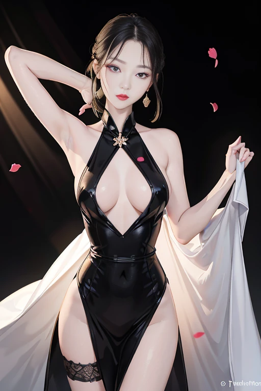 tsuruta ichiro, Narrow-eyed, 1girl in, Allback、deadpan、short-hair、shorth hair、brow、Reluctance、A dark-haired、Tucked Hair Solo, Cowgirl, Onepiece, ((mideum breasts)), Thin slit eyes、Black eyes, Light shines on the eyes、Black hair, gloves, Dress, Luxurious Jewelry, earrings, sharp eye、 elbow groves,Raise your hands and tie your hair back, random color, random color dress, Makeup for long eyes, Slender eyes、lip stick, Complex petal pattern, Rim Light, Back Light, pastel color,Studio Lighting