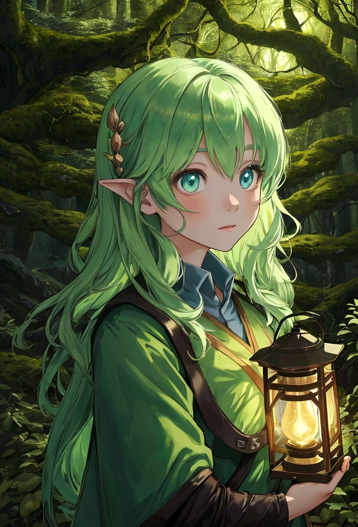 A portrait of an anime girl cautiously approaching a group of glowing forest spirits in an enchanted forest. She wears an explorer’s outfit and carries a lantern. The background includes ancient trees, soft moss, and twinkling lights. The image should highlight detailed textures of the forest, her curious expression, and the ethereal, magical lighting creating a mysterious, adventurous atmosphere.