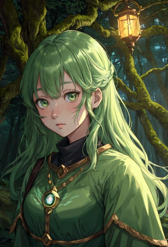 A portrait of an anime girl cautiously approaching a group of glowing forest spirits in an enchanted forest. She wears an explorer’s outfit and carries a lantern. The background includes ancient trees, soft moss, and twinkling lights. The image should highlight detailed textures of the forest, her curious expression, and the ethereal, magical lighting creating a mysterious, adventurous atmosphere.