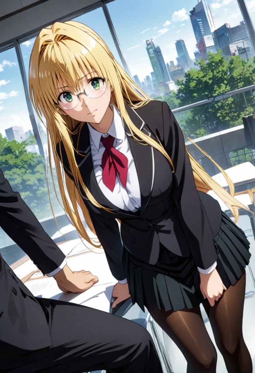 ((Highest quality、unity 8k wallpaper、32K、masterpiece、Very detailed、Ultra-high resolution、Ultra-high resolution、 Very detailedな顔, RAW Photos, Professional, )) tearju lunatique, Glasses, blonde hair, green eyes, long hair, hair intakes, bangs, tearju lunatique, glasses, formal, suit, skirt, pantyhose