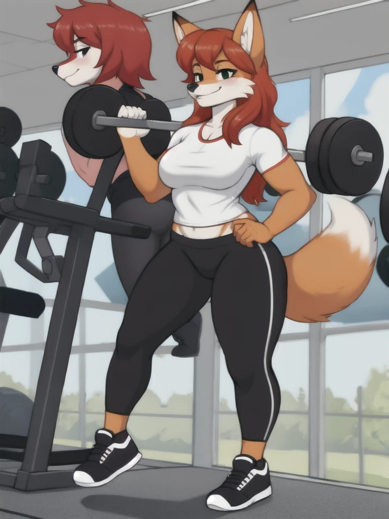 Furry, fox, female, white shirt, black leggings, shoes, gym, teen, full body