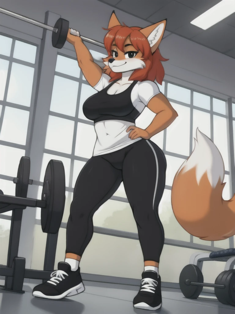 Furry, fox, female, white shirt, black leggings, shoes, gym, teen, full body