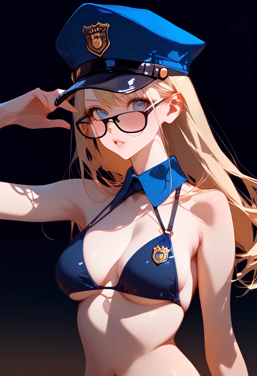 Score_9, score_8_up, score_7_up, rating_safe, police uniform bikini, officer hat, long blonde hair, aviator glasses, pink pouty lips