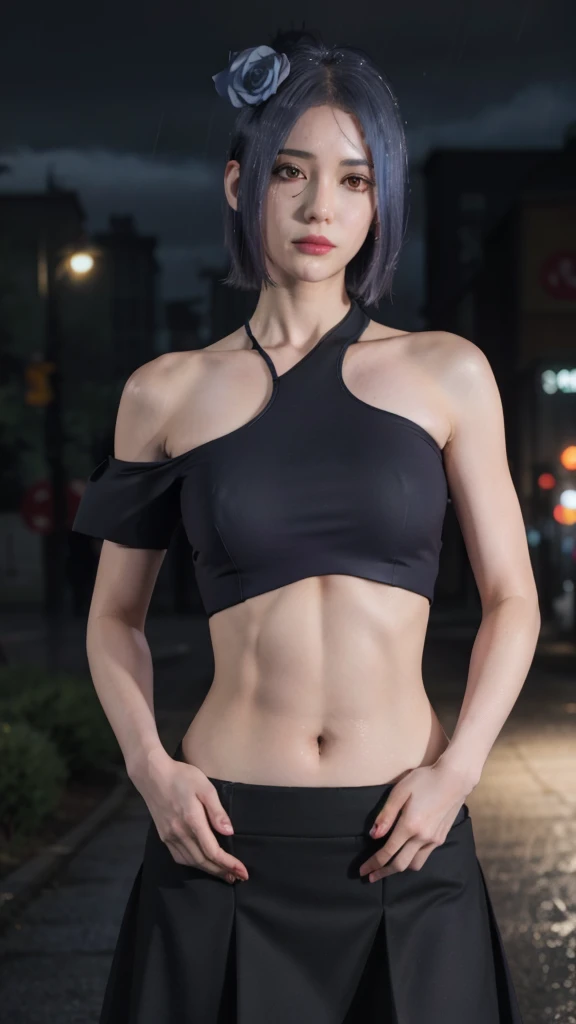 1girl,solo,konan \(naruto\),(upper body:1.2),(akatsuki outfit, bare shoulder, crop top, skirt),narrow waist,looking at viewer,masterpiece,best quality,absurdres,highly detailed,photo realistic,best shadow,dramatic lighting,depth of field,outdoors,rain,city,night, standing, hands on hip