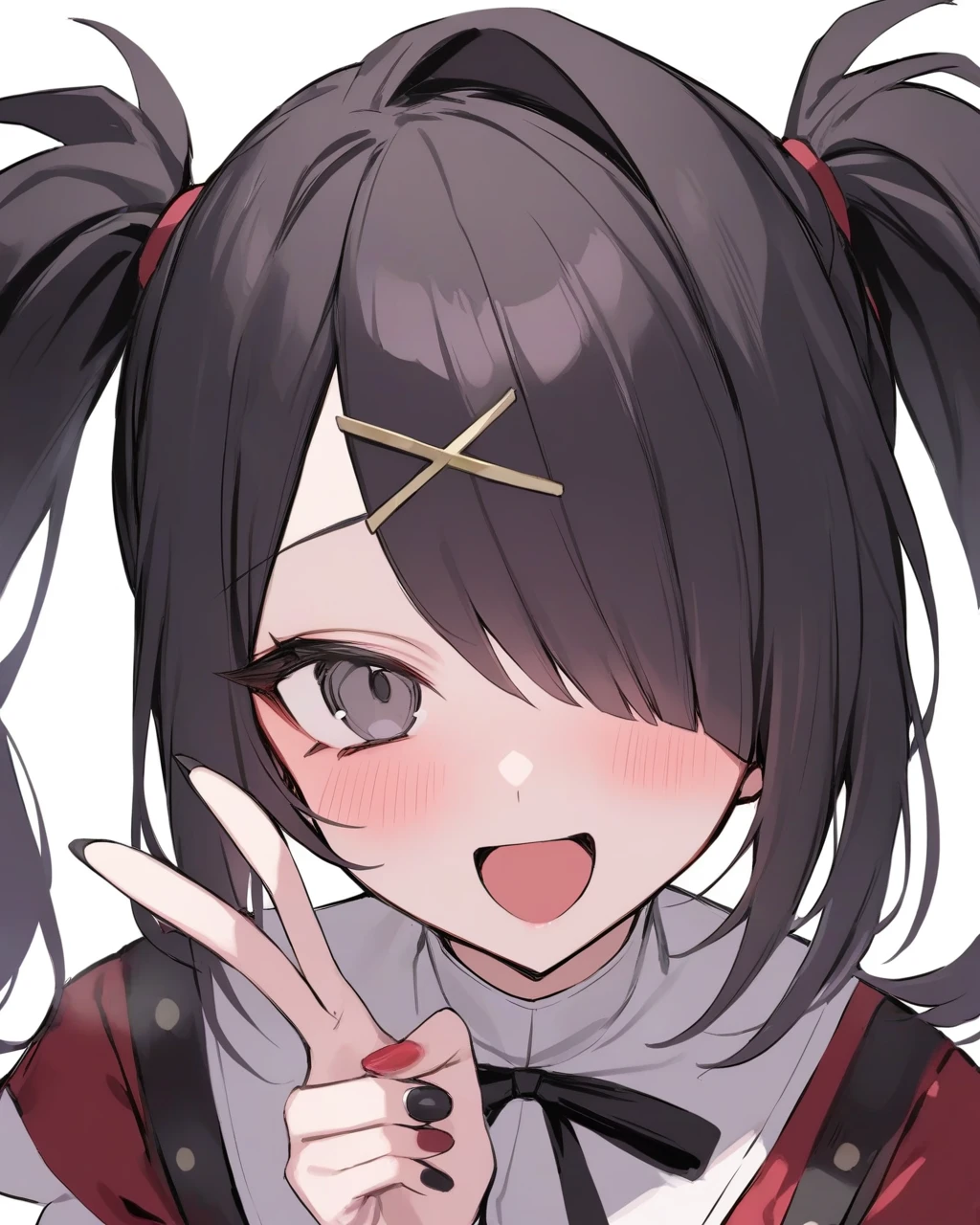 masterpiece,best quality,ame-chan \(needy girl overdose\),1girl,solo,black hair,twintails,v,hair over one eye,black ribbon,white background,open mouth,simple background,,x hair ornament,black nails,neck ribbon,looking at viewer,blush,nail polish,grey eyes,bangs,:d,hairclip,red sh,