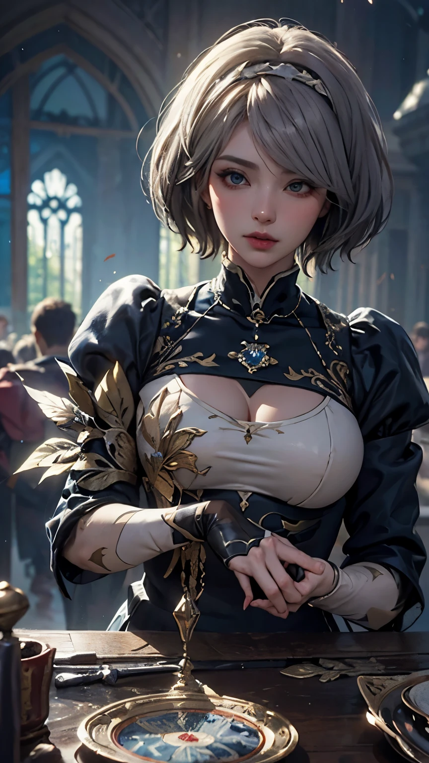 Portrait of a Spiritual Goddess, (yorha no.2 Type B, 2B, One girl, alone, short hair, Gray Hair, hair band, big bouncing bust), complicated, elegant, Very detailed, Digital Painting, Art Station, Concept Art, Smooth, Sharp focus, figure, ArtJam、Greg Rutkowski、Alphonse Mucha、William Adolphe Bouguereau、Art by Stephanie Law , Magnificent royal background, large crown, Royal Jewels, robot, nature, Full Shot, Symmetric, Greg Rutkowski, Charlie Bowwater, Beep, Unreal 5, Surreal, Dynamic Lighting, Fantasy art, complicatedな色, Colorful magic circle, flash, lightning, light, Shining Castle