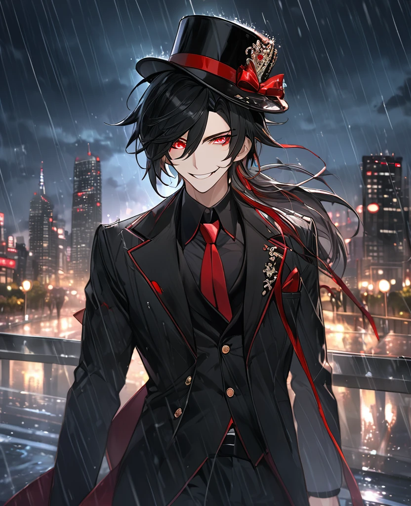 (black_hair), (red_Blood_eyes), (detailed_eyes), (crazy_smile), (attractive), (night_city_background), (raining), (glowing_eyes), (male), (wearing _a_black_suit), (long_male_hair), (detailed_Hair), (detailed), (detailed_mouth), wears a black top hat with a red ribbon edged trim, the ribbon flows through the air