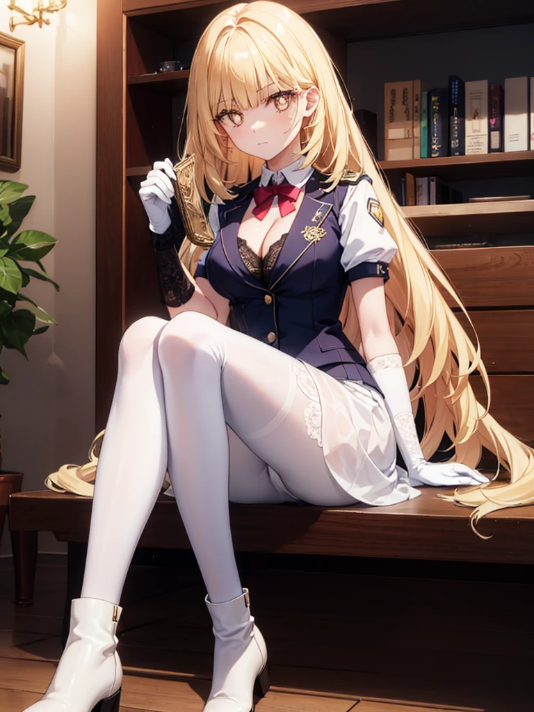 ,long hair,straight_hair,bright_pupils,cleavage,slender_waist,ankle_boots,elbow_gloves,1girl,white_pantyhose,lace,Uniforms