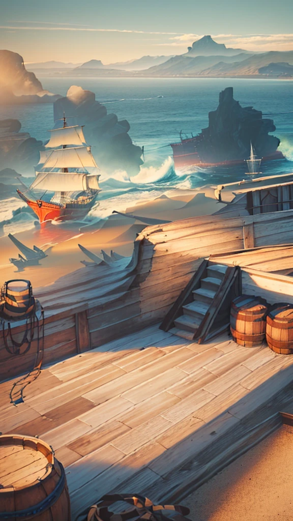 A ship floating on the sea,Barrels and scattered reins were neatly placed on the wooden deck.,In the distance, two ships are floating on the rough sea.,An island in the distance,There is also blue sky, white clouds and seagulls,Natural light,High-definition quality,High-quality posters,