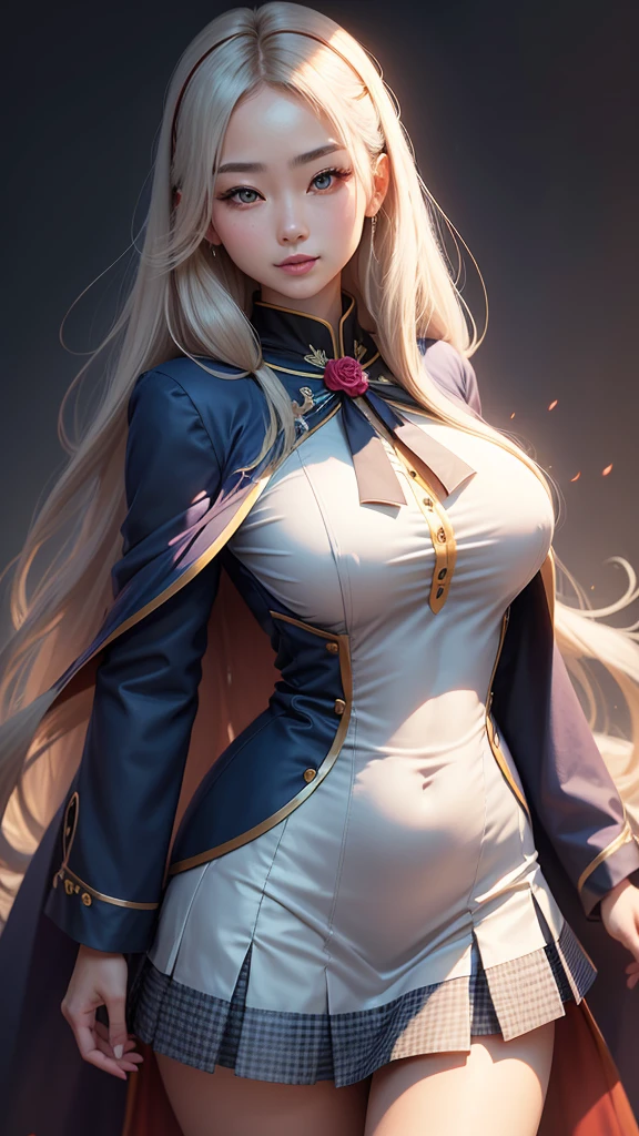 A stunning Japanese woman with a beautiful, flawless face, soft skin, and enormous breasts, a small face with rose-shaped nose and lips, pretty eyes, and a gorgeous smile. Fine, long, beautiful hair bathed in an ethereal, radiant glow. Greige cape with gradient highlights, loose, fluffy half-up hairstyle, navy blue mandarin collar shirt×houndstooth flared yellow skirt, vibrant neon colored background, super realistic photo, high quality 8K masterpiece
