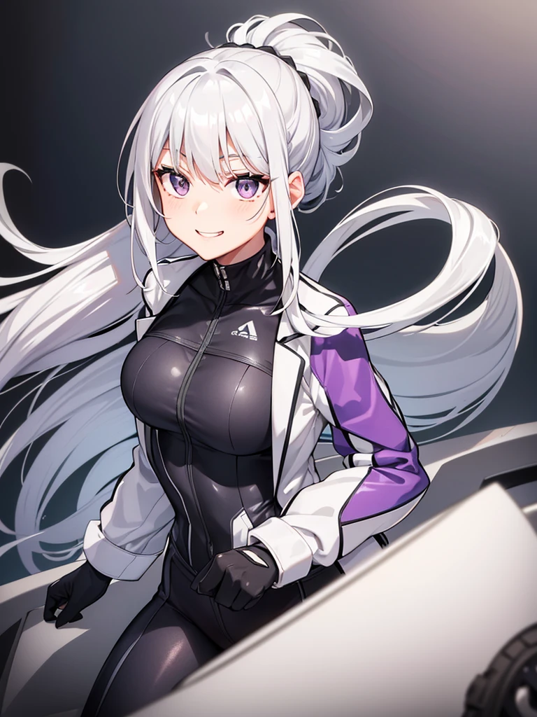 smoky white hair, platinum-gray eyes with a purple undertone, her hair is braided in a slightly loose ponytail, an unusual tight-fitting suit, flirtatious smile, accessories, bike suit, sport suit, military unifom, black suit, one girl