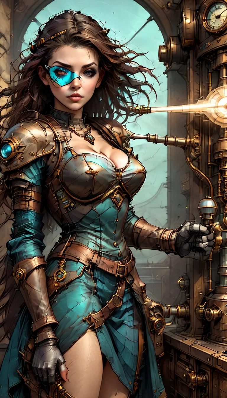 ((a steampunk girl with an eye patch:1.5)), beautiful detailed eyes, beautiful detailed lips, extremely detailed face, long eyelashes, intricate mechanical eye patch, gears, cogs, brass, copper, leather, fantasy, cinematic lighting, dramatic shadows, muted colors, digital painting, concept art, highly detailed, 8k, photorealistic