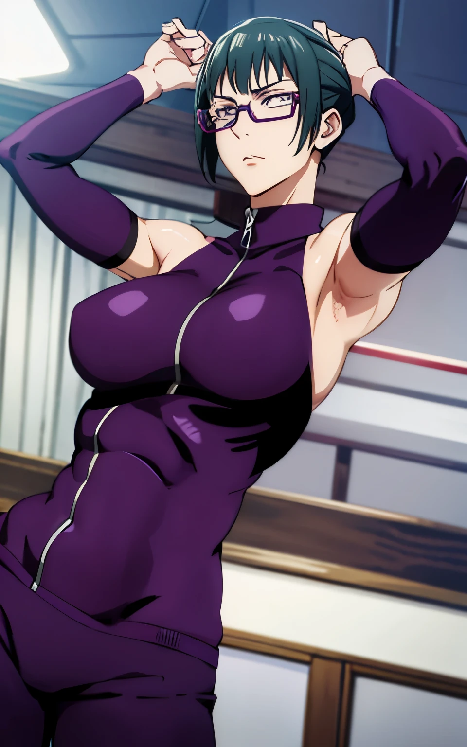 Maki Zenin, purple business suit, curved, dark green hair, well proportioned, muscular, large thighs, medium chest, purple glasses, office background, arms up, armpits visible