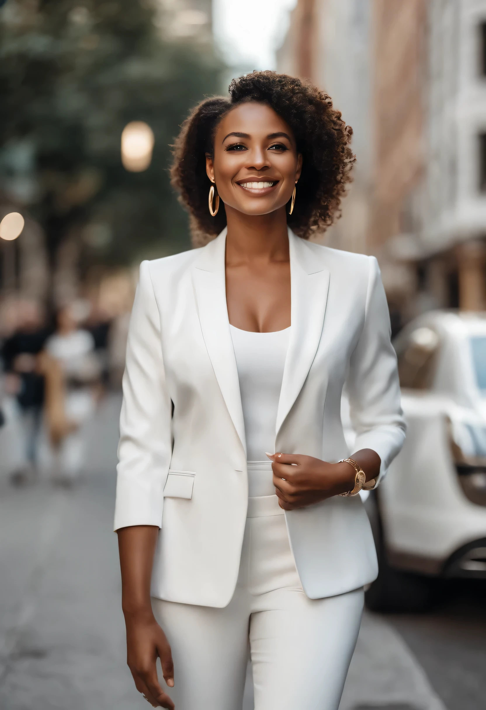 Ultra-realistic image of a smiling black woman in a white suit and gold hoop earrings walking down a city street, a beautiful city black woman only, girl in a suit, the woman in a business suit, girl in a suit, wearing a white suit, young businesswoman, ultra-realist, photo of a black woman, wearing a futuristic white suit, Meticulously portrait wearing a business suit, wearing a business suit, businesswoman, looking straight at camera outdoors business portrait, wearing a light blue suit